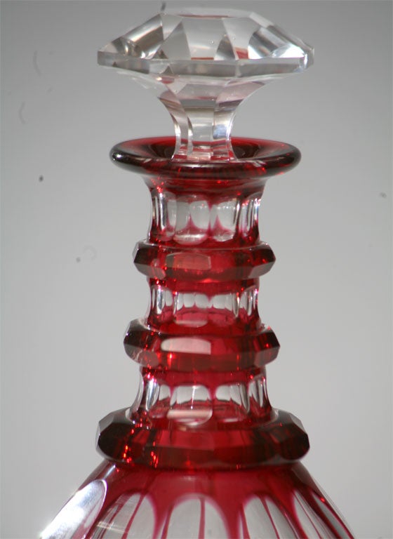 Pair of Hand Blown Cranberry Overlay Cut to Clear Decanters 1