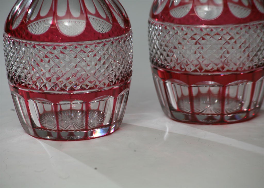 Pair of Hand Blown Cranberry Overlay Cut to Clear Decanters 2
