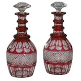Pair of Hand Blown Cranberry Overlay Cut to Clear Decanters
