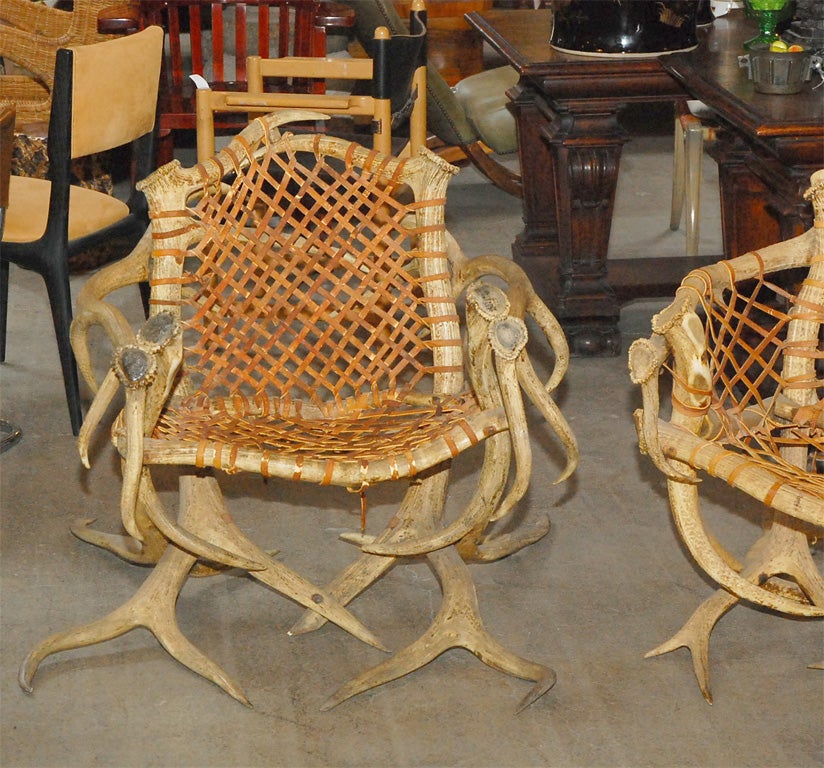 Unknown Antler armchairs with leather strappings For Sale