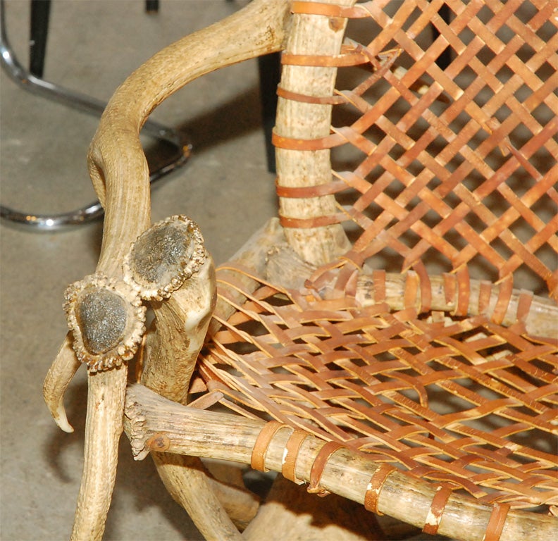 20th Century Antler armchairs with leather strappings For Sale