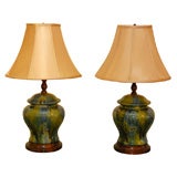 PAIR OF GLAZED TERRACOTA TABLE LAMPS.