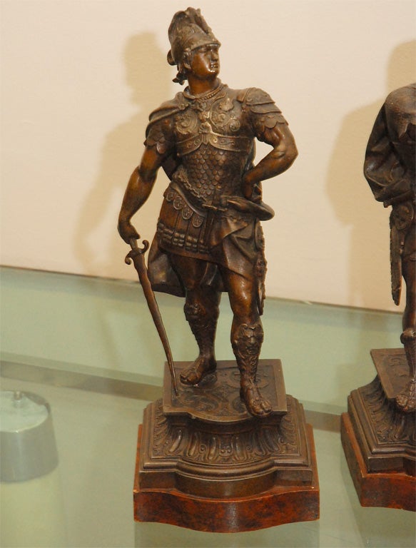 19th Century PAIR OF PATINATED SPELTER FIGURES OF WARRIORS
