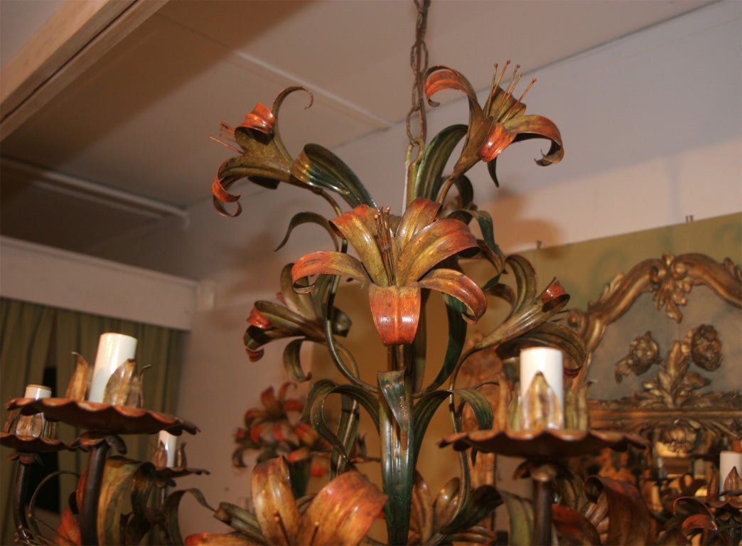 Enameled Metal Bouquet of Tiger Lilies Chandelier with 3 matching sconces