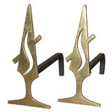 Pair of Bronze Stylized Flame Andirons