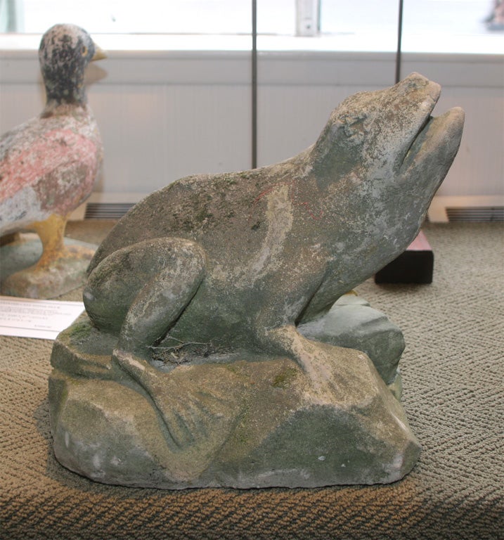 Delightful stone frog sitting atop a base. Hole from under base to his mouth for fountain attachment.