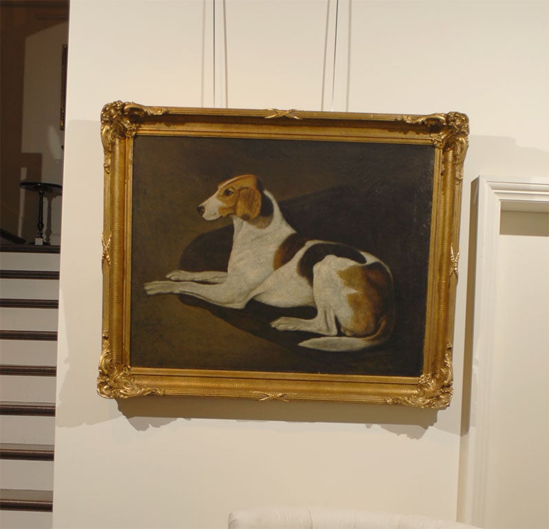 English Oil Painting of Reclining Hound in antique frame