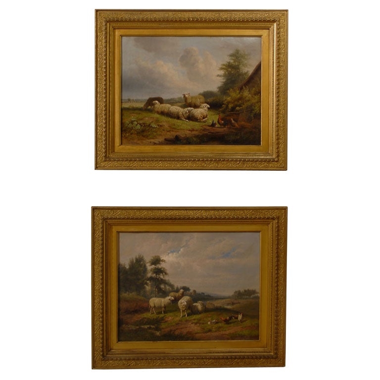 Pair of  antique sheep oil paintings