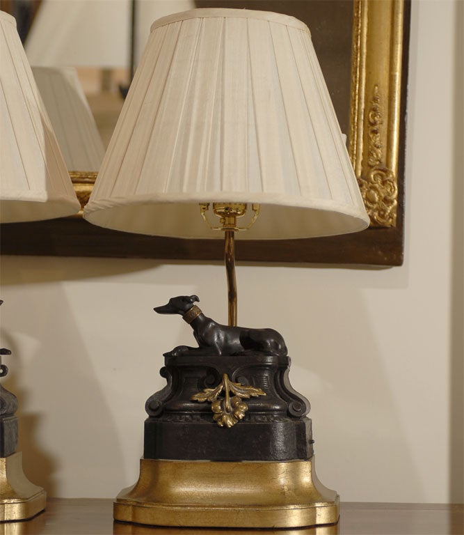 French Pair of  vintage iron dog lamps with shades