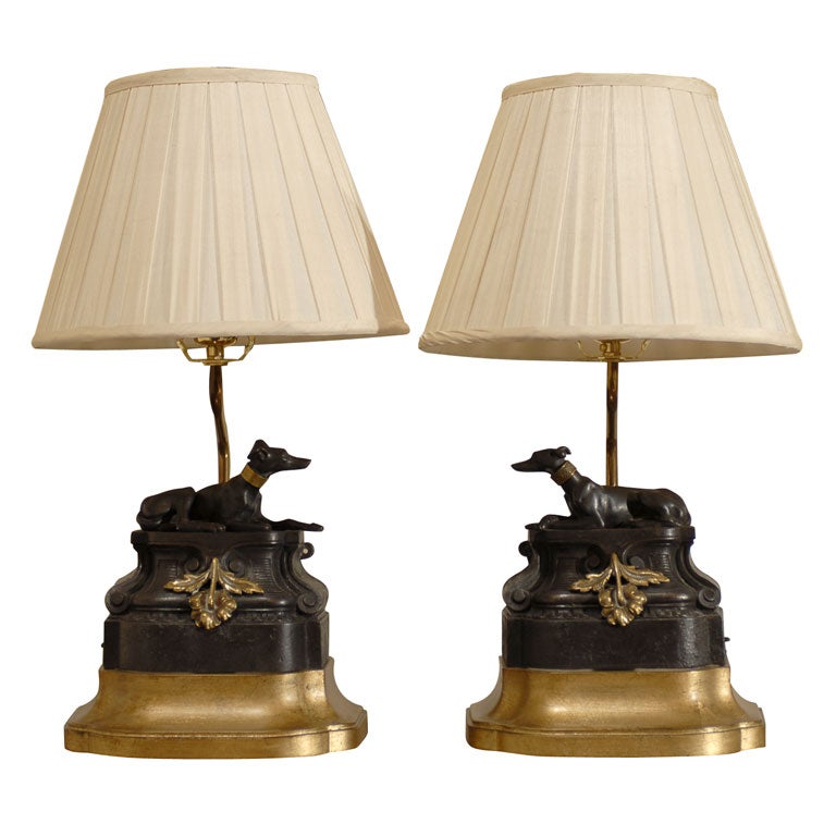 Pair of  vintage iron dog lamps with shades