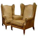 pair English Leather wing chairs