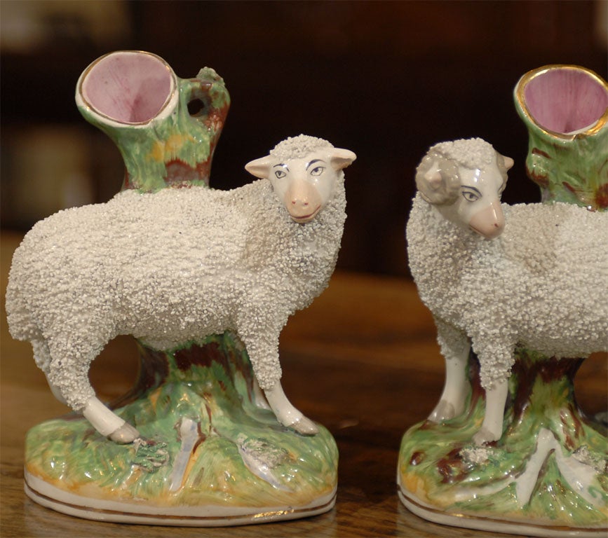 English Large Pair of Staffordshire Sheep spills