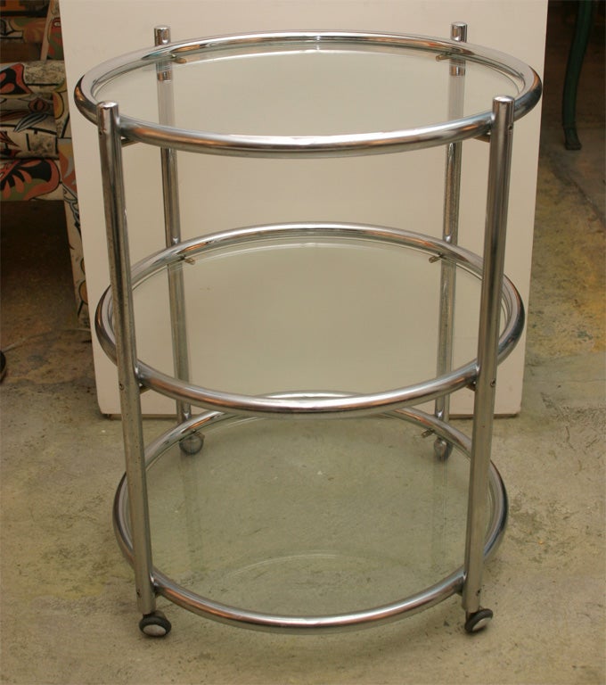 American Three Tier Chrome and Glass Round Bar Cart