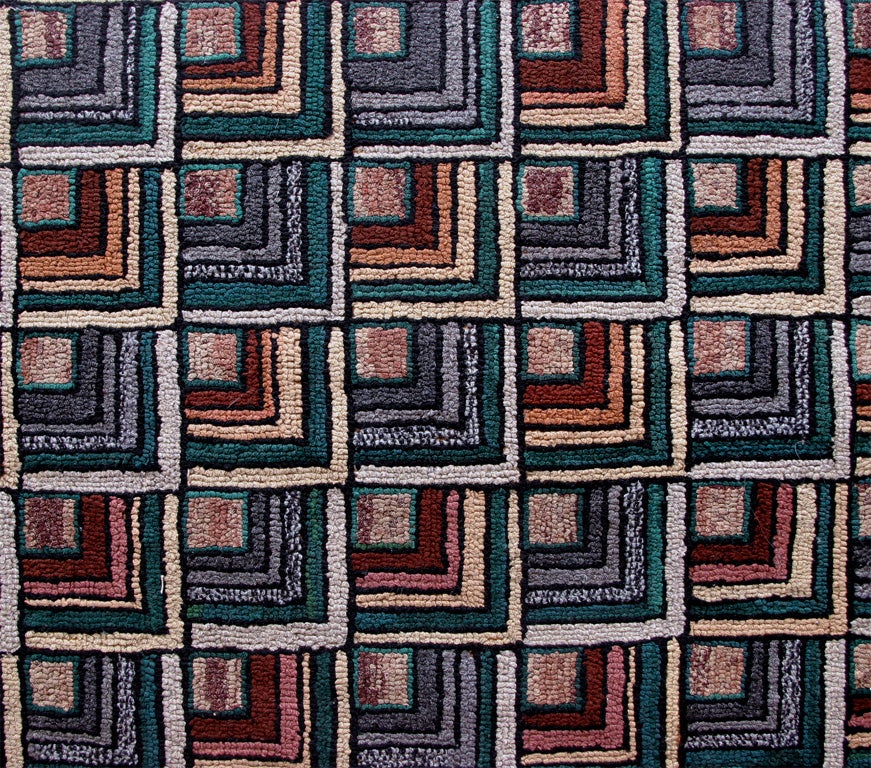 Antique Hooked Rug Geometric Log Cabin For Sale at 1stdibs