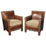 Vintage Pair Edwardian Leather Upholstered Club Chairs