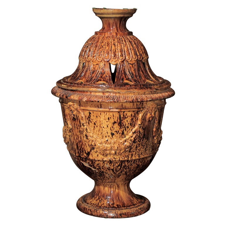 Large Italian Glazed Terracotta Urn with Cover