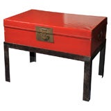 Chinese Export Red Lacquer Trunk on Iron Stand