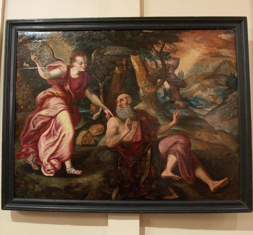 Large oil on panel of the Old Testament story of Eli and the Angel.  This painting is attributed to the atelier of Frans Floris (Antwerp 1516-1570), and has been authenticated by an expert.  Documents available.