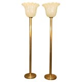 Pair of brass and murano floor lamp  glass torchieres.