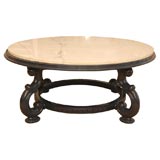 Vintage Large Marble Coffee Table w/Asian inspired blue lacquered base