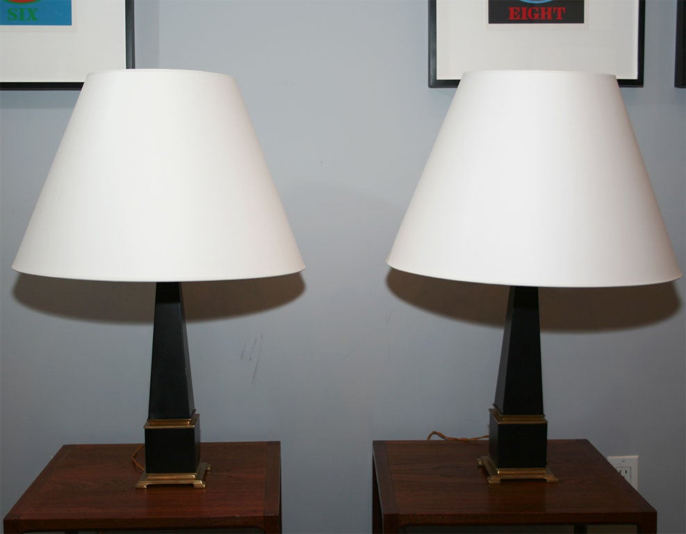 Pair of Black Steel and Brass Obelisks Lamps