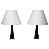 Pair of Black Steel and Brass Obelisks Lamps