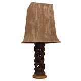 CARVED WOOD LAMP WITH ORIGINAL PAGODA SHADE BY JAMES MONT