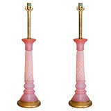 Monumental pink glass opalescent pair of table lamps