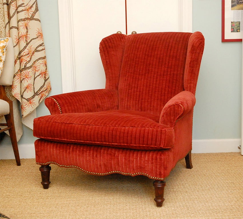 Stylish reproduction of French 1940's armchair upholstered in French cotton velvet stripe from Old World Weavers
