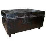 18th Century Black Leather Trunk on Castors