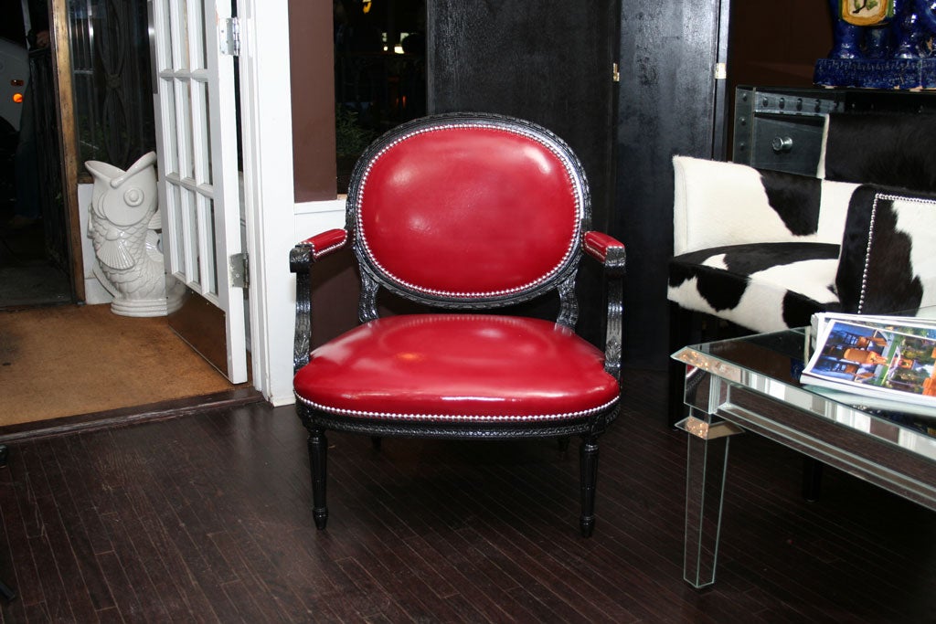 Pair of Louis XVI Style Black Lacquer and Red Patent Leather Chairs