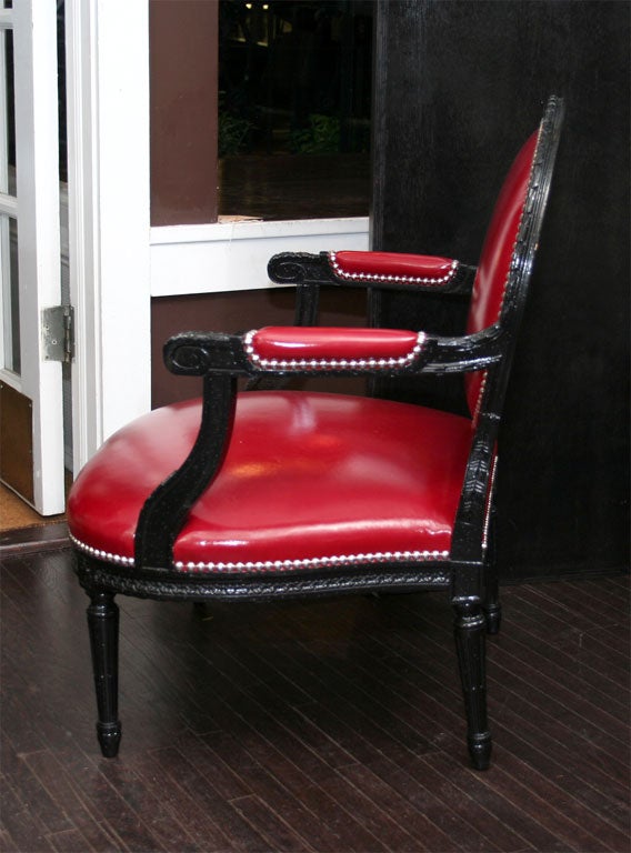 French Pair of Louis XVI Style Black and Red Chairs
