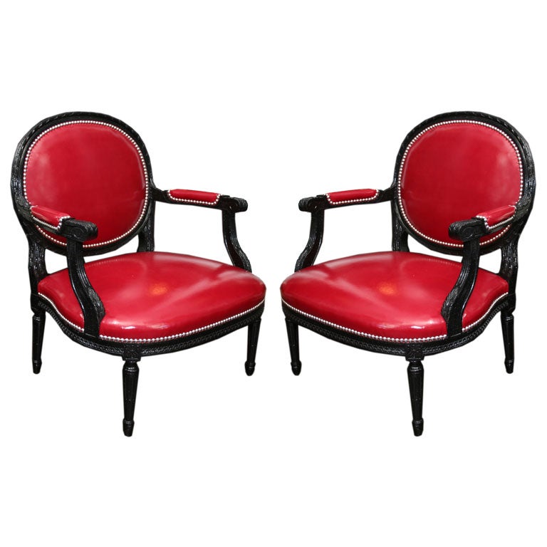 Pair of Louis XVI Style Black and Red Chairs