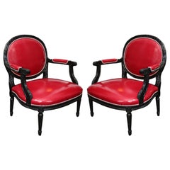 Pair of Louis XVI Style Black and Red Chairs