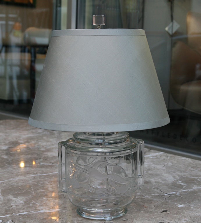 Pair of Art Deco Etched Glass Lamps Designed by Hunt Dietrich