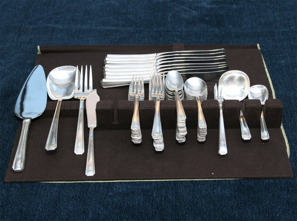 Complete service for eight includes Dinner fork,Dinner Knife,Dinner fork,Salad fork,Soup Spoon,Tea spoon,cocktail fork,serving pieces include large serving spoon,Cake server,large serving fork,butter knife,gravy ladle,sugar spoon