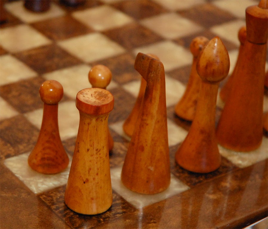 Wood Chess side table with chess set by Herman Ohme