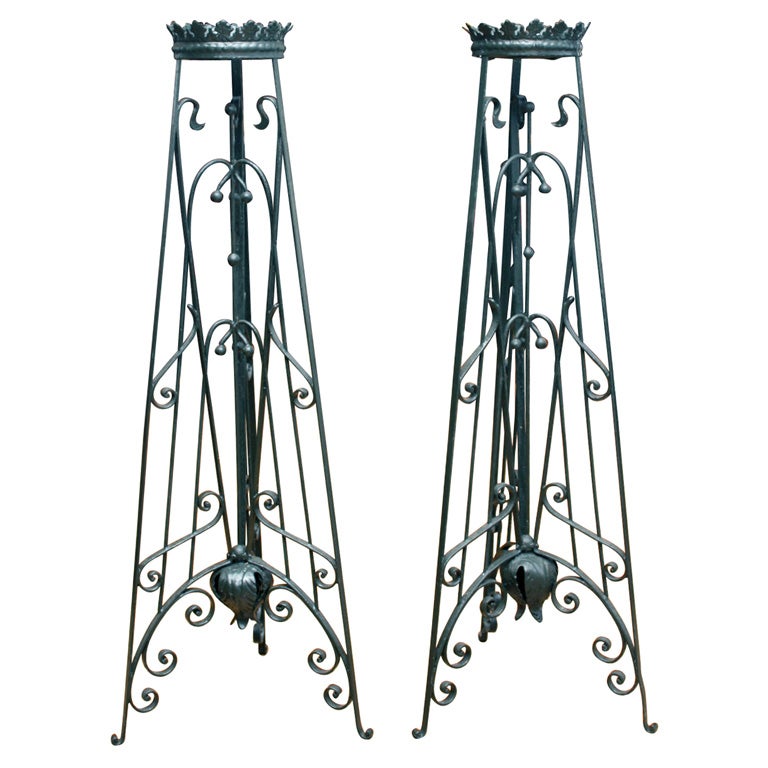 Pair of Art Nouveau wrought iron tall plant stands