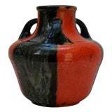Chromium Orange and Black Awaji Art Pottery Three-Handled Vase