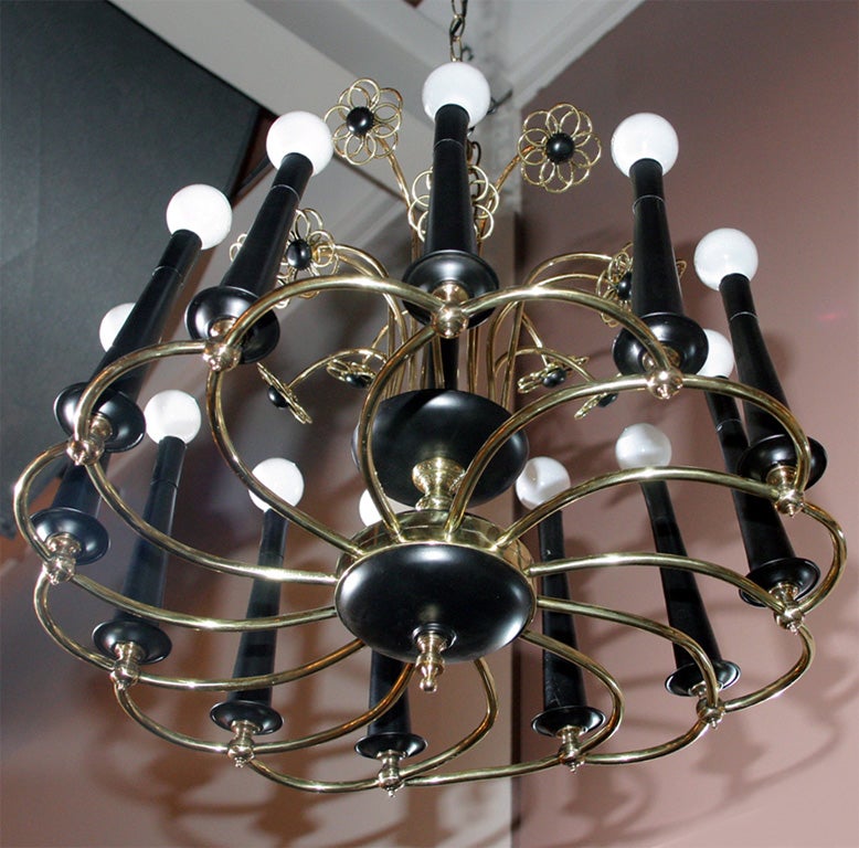 Midcentury Brass and Wood Floral Chandelier 1