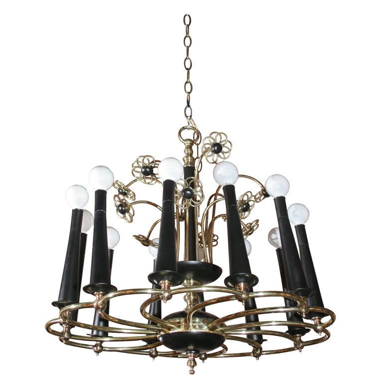 Midcentury Brass and Wood Floral Chandelier