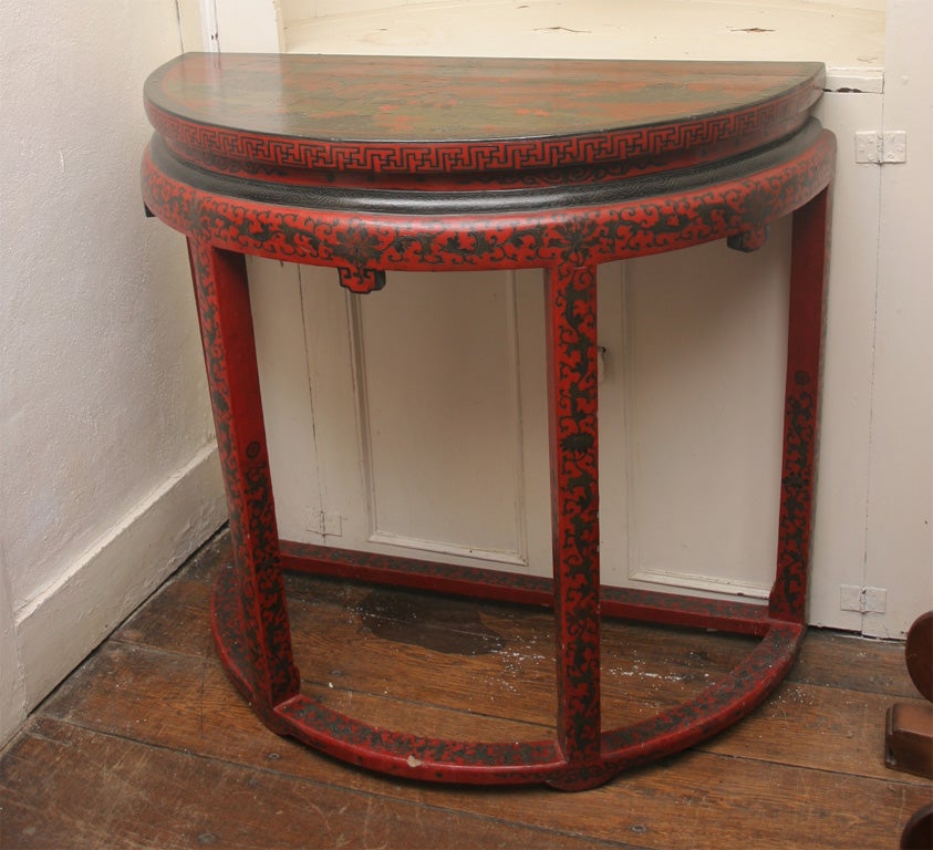 Chinese Red and Green Lacquer Demi-Lune table