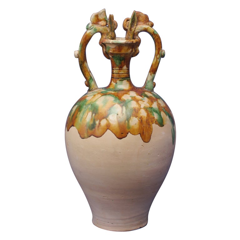 Chinese Three-Color (Sancai) Glazed Pottery Amphora For Sale