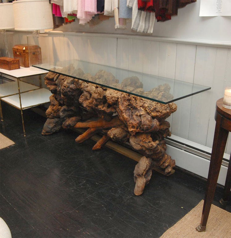 Magnificent rootwood base console table with glass top.