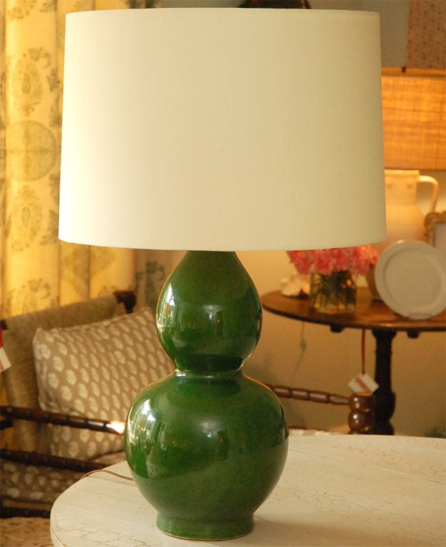 Custom emerald green crackled pottery lamps with linen shades
