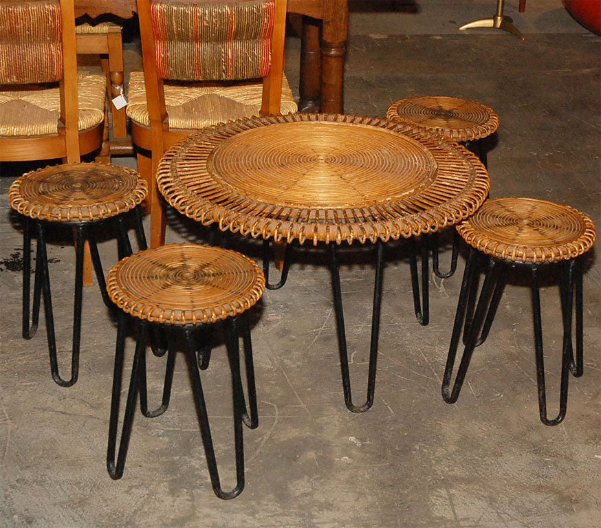Abraham and Roll Cane Table and Four Low Stools