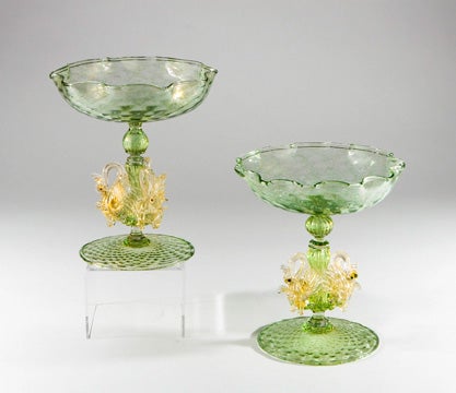 Italian Pair of Hand Blown Venetian Figural Compotes For Sale