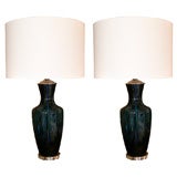 Pair of Prussian Blue Lamps with Lucite Bases