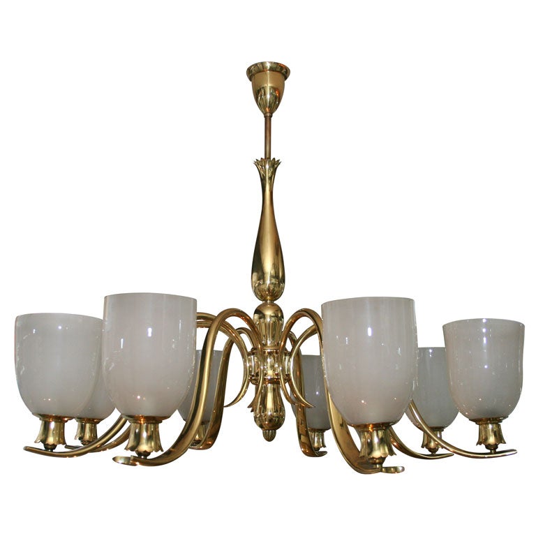 Large-scale brass and glass eight-light chandelier by Gio Ponti