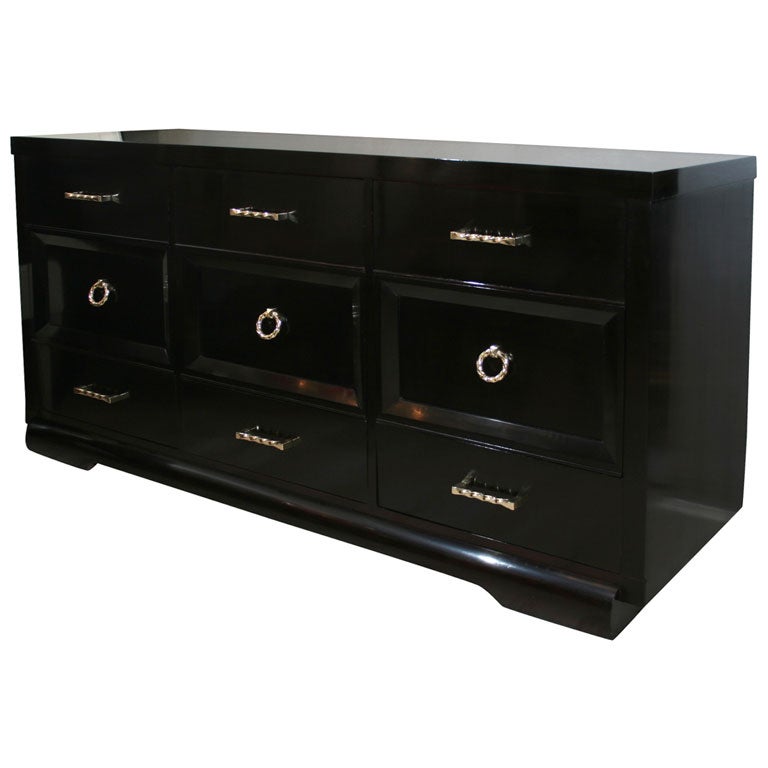 Art Deco Ebonized Mahogany Dresser with Polished Brass Pulls